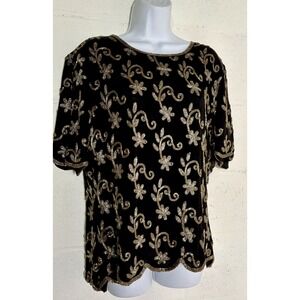 Vtg Stenay XL Black Gold Silk Beaded Top SS Formal Back zip Scalloped Romantic